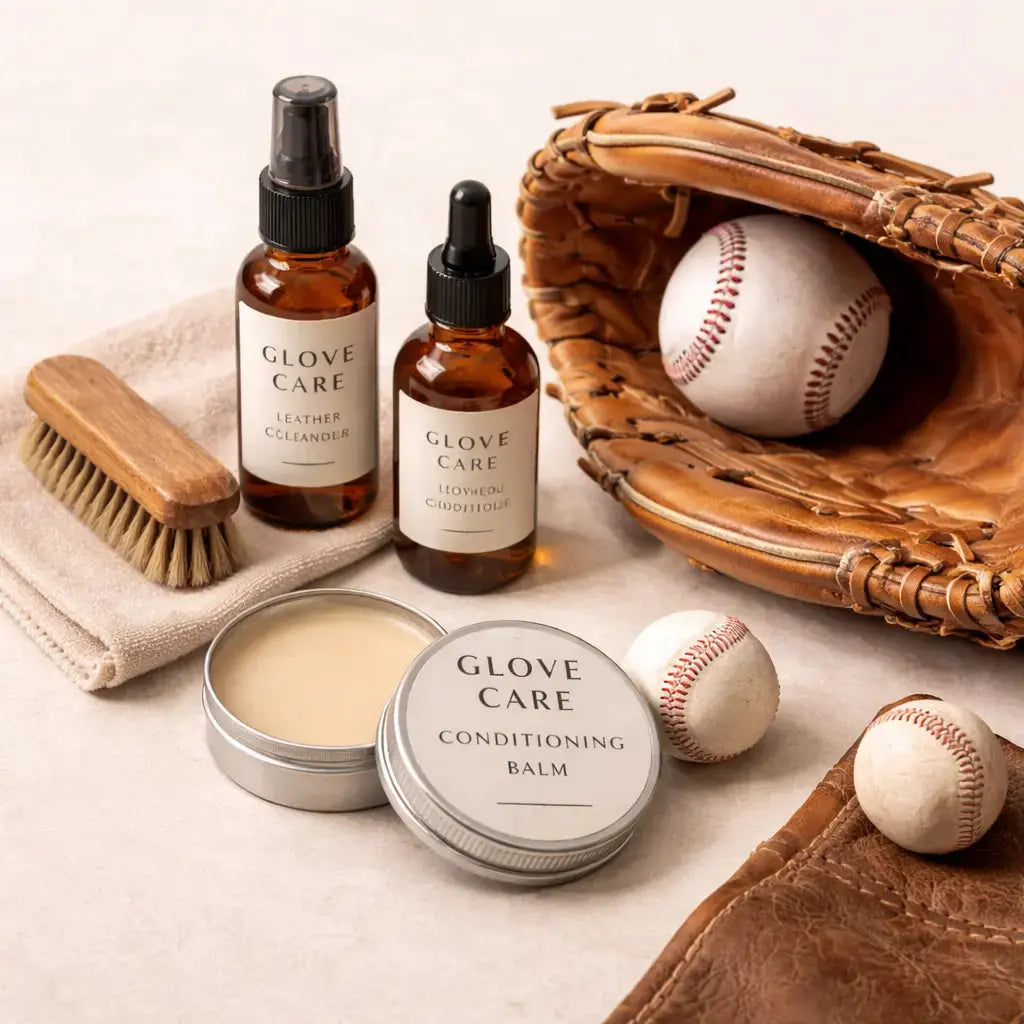 Baseball glove care products including conditioner oil and cleaning kit